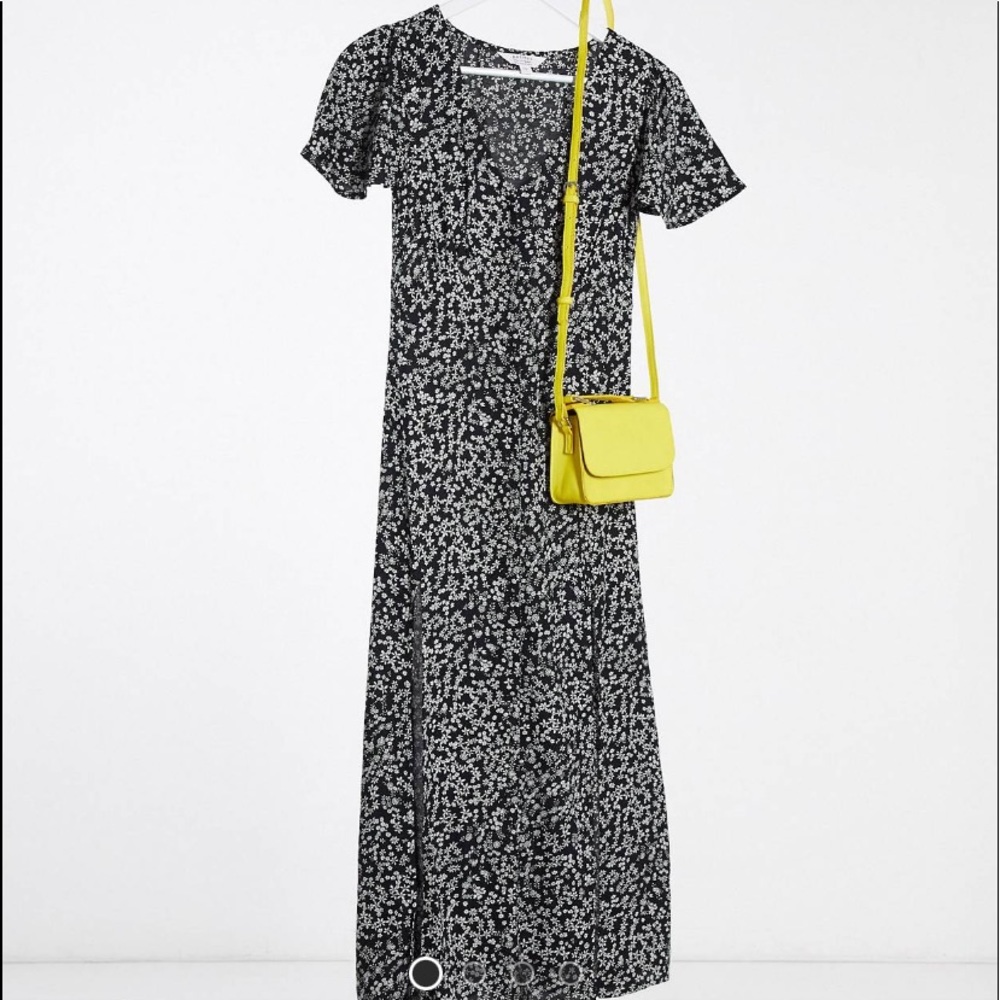 Asos Miss Selfridge petite angel sleeve ditsy maxi dress in black, size 8